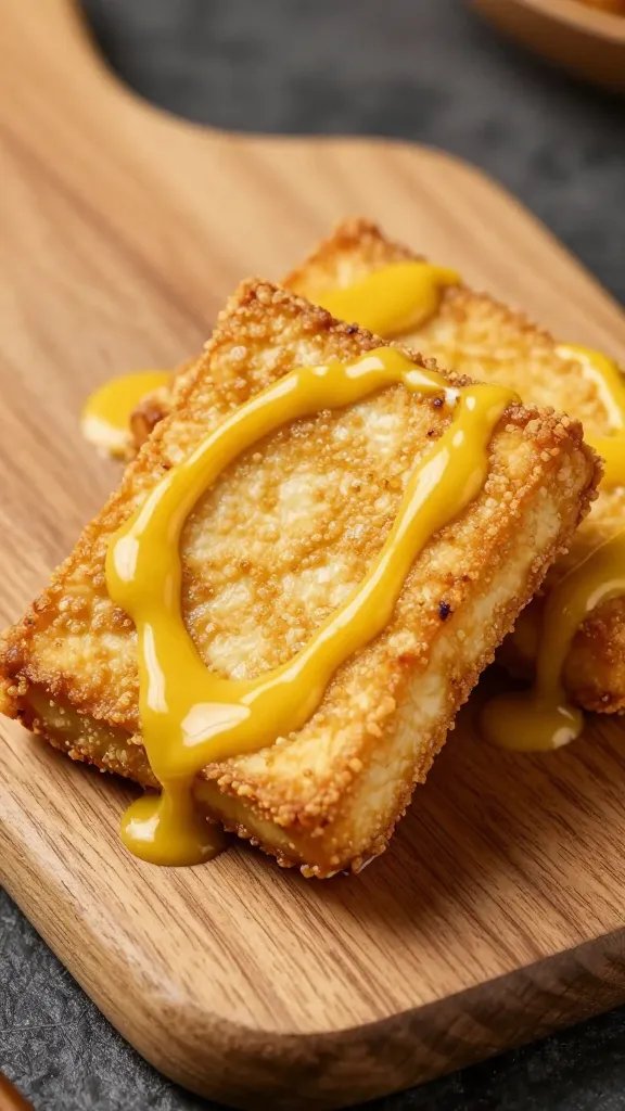 air-fried tofu steak on wooden board, maple-mustard glaze