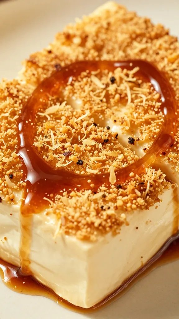 closeup tofu steak with shattering crust, side drizzle