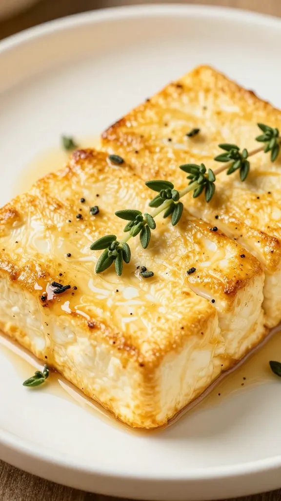 golden tofu steak with fresh thyme, tight macro