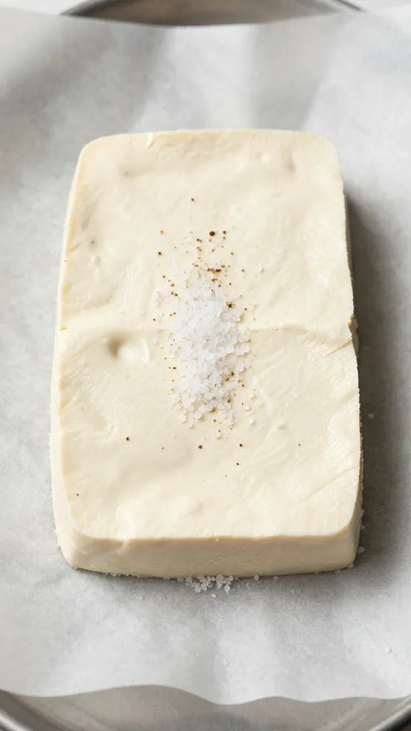 tofu steak on parchment, coarse sea salt sparkle