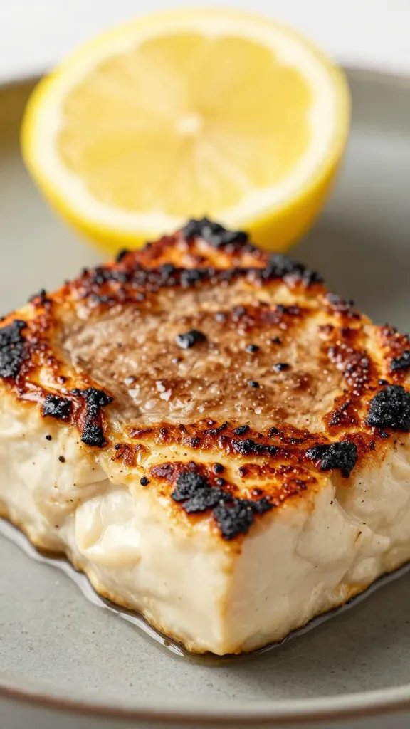 tofu steak with charred edges, lemon wedge background blur
