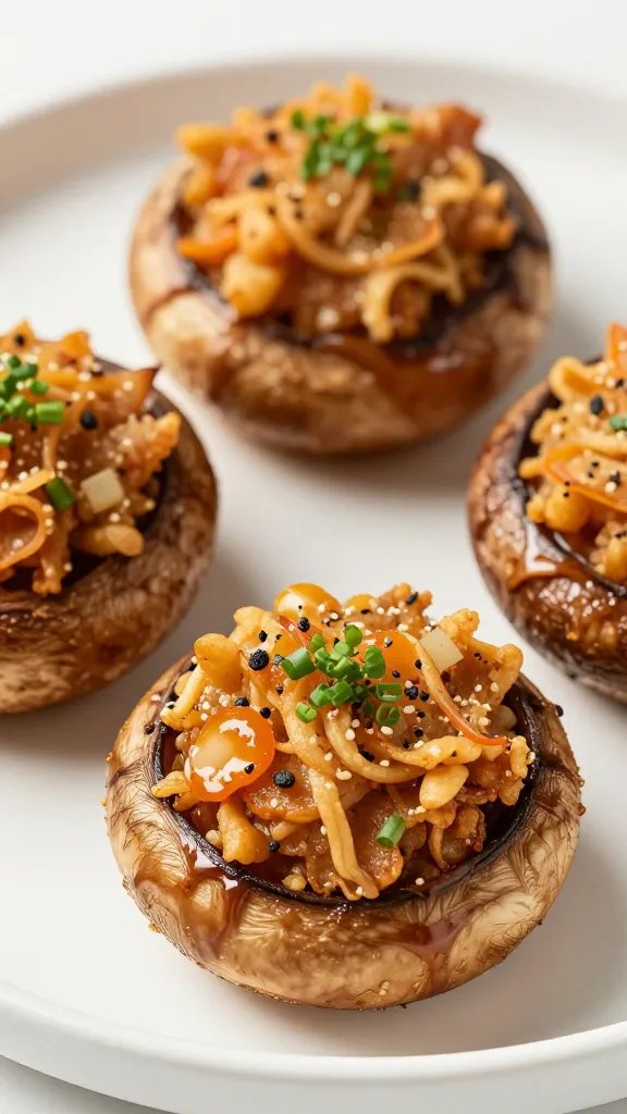 closeup air-fried stuffed portobello on white ceramic plate