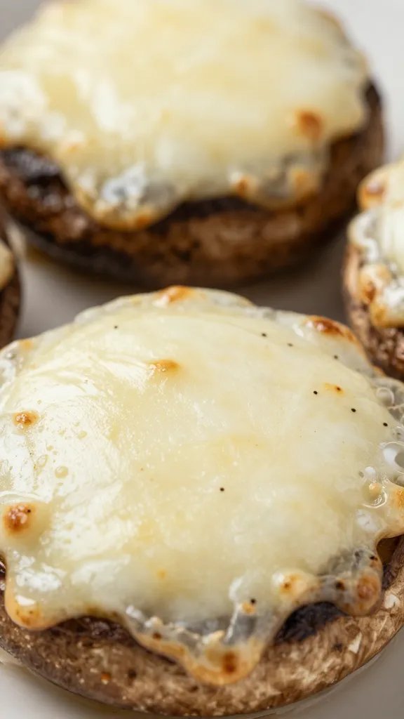 melty mozzarella-topped portobello, bubbling edges, closeup