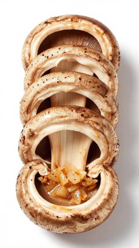 sliced portobello revealing umami stuffing, tight crop