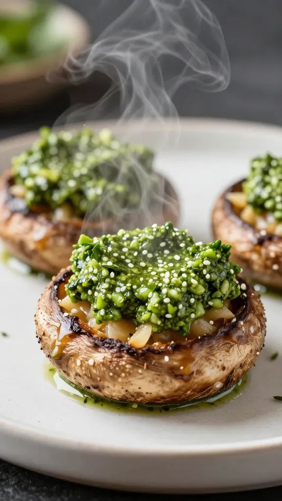 dollop of pesto on hot stuffed portobello, steam visible