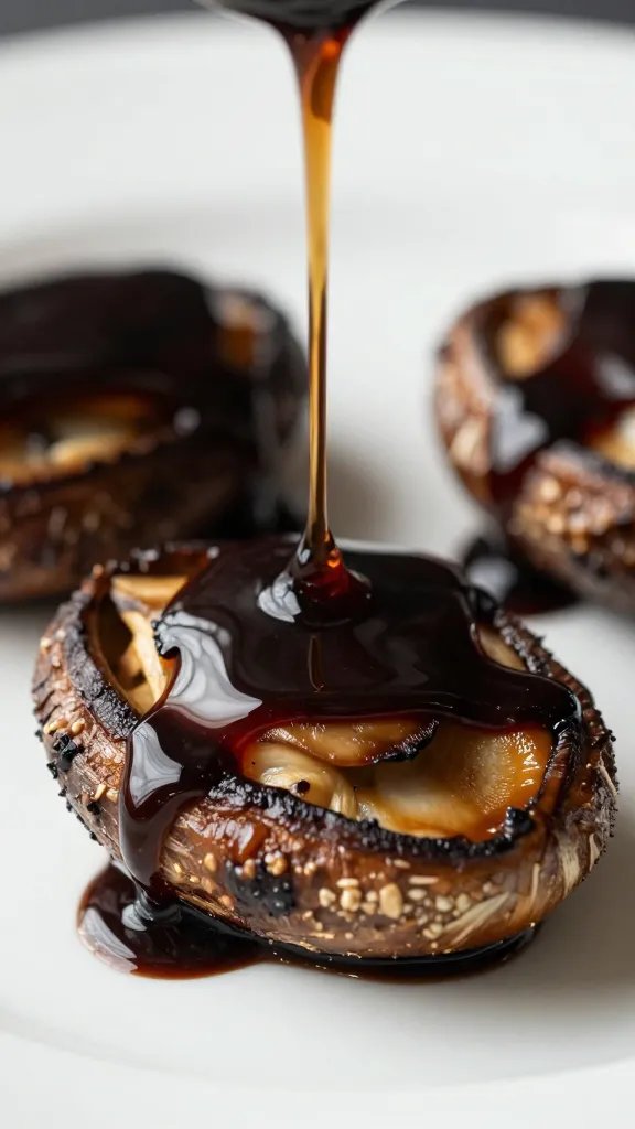 balsamic glaze drizzle over portobello, glossy finish