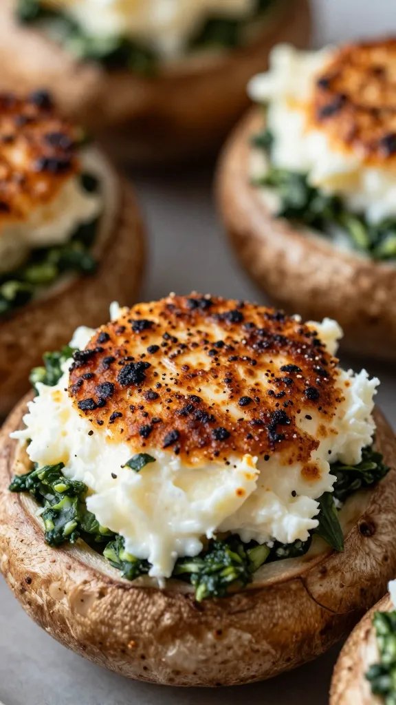 ricotta-spinach filled portobello, browned top, closeup