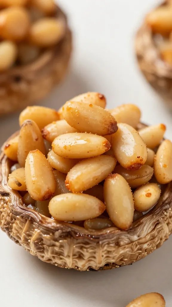 toasted pine nuts on stuffed portobello, macro shot