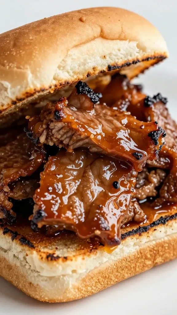Closeup of glossy BBQ pulled pork on toasted slider bun