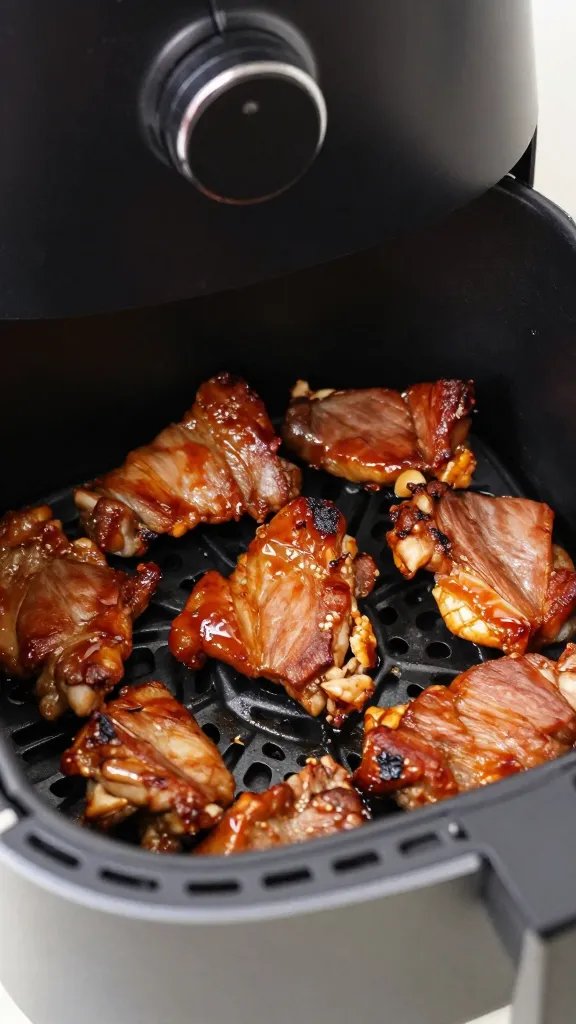 Single air fryer basket with sauced pork, caramelizing closeup