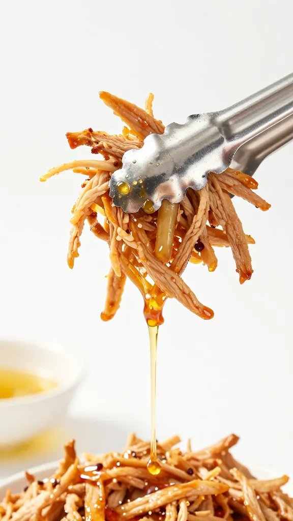 Shredded pork held by silver tongs, sauce dripping