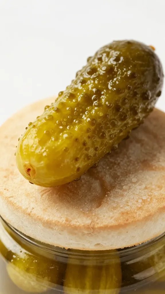 Single slider topped with tangy pickles, tight macro shot
