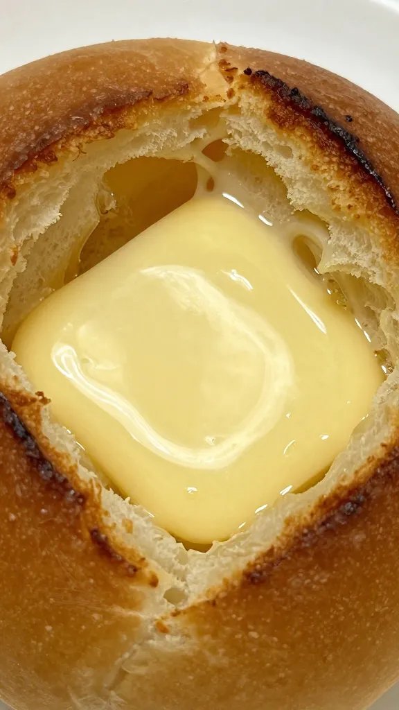 Toasted bun interior with melted butter sheen, closeup