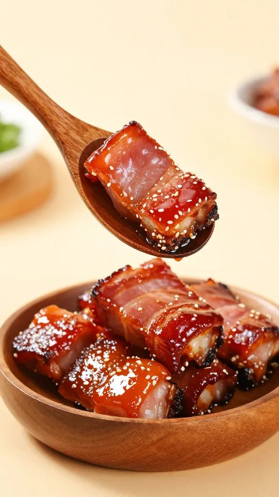 Wooden spoon lifting lacquered pulled pork, shallow depth