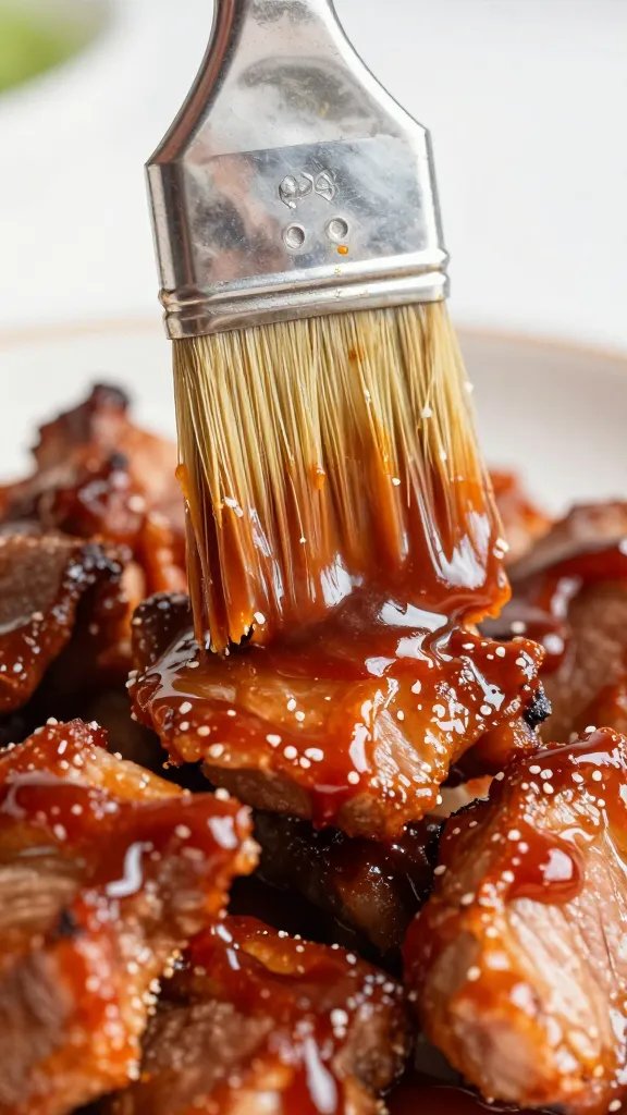 Brushed-on barbecue sauce glaze over pork, macro detail