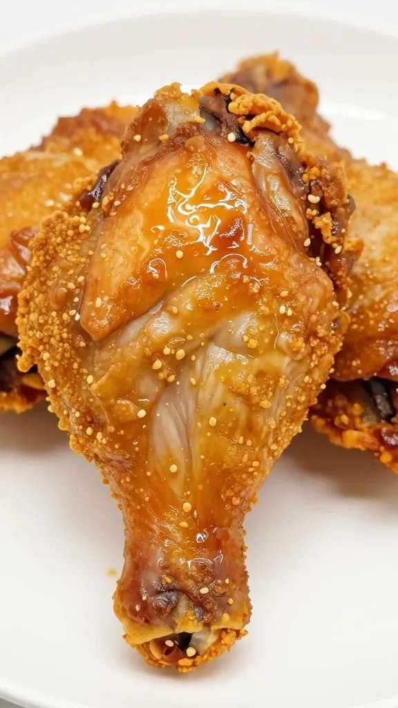 closeup of glazed air-fried chicken thigh on white plate