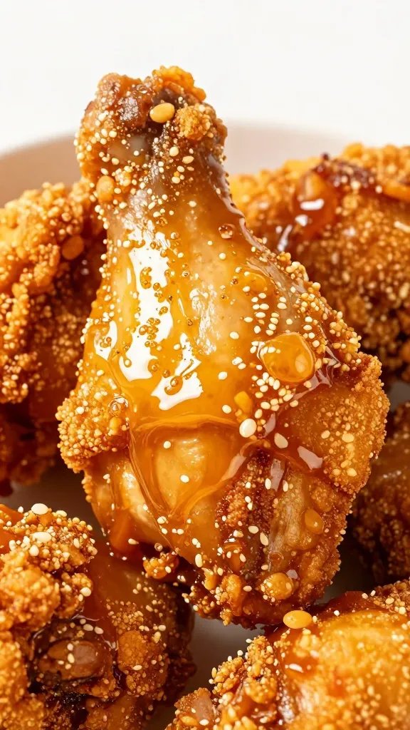 crispy chicken thigh with honey-garlic glaze, macro shot