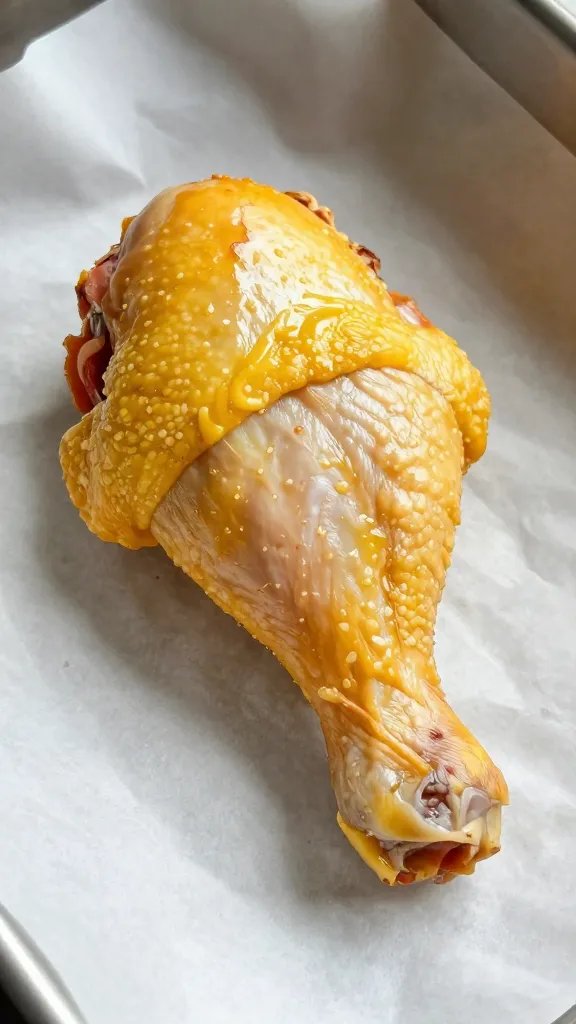 golden chicken thigh resting on parchment, shallow depth
