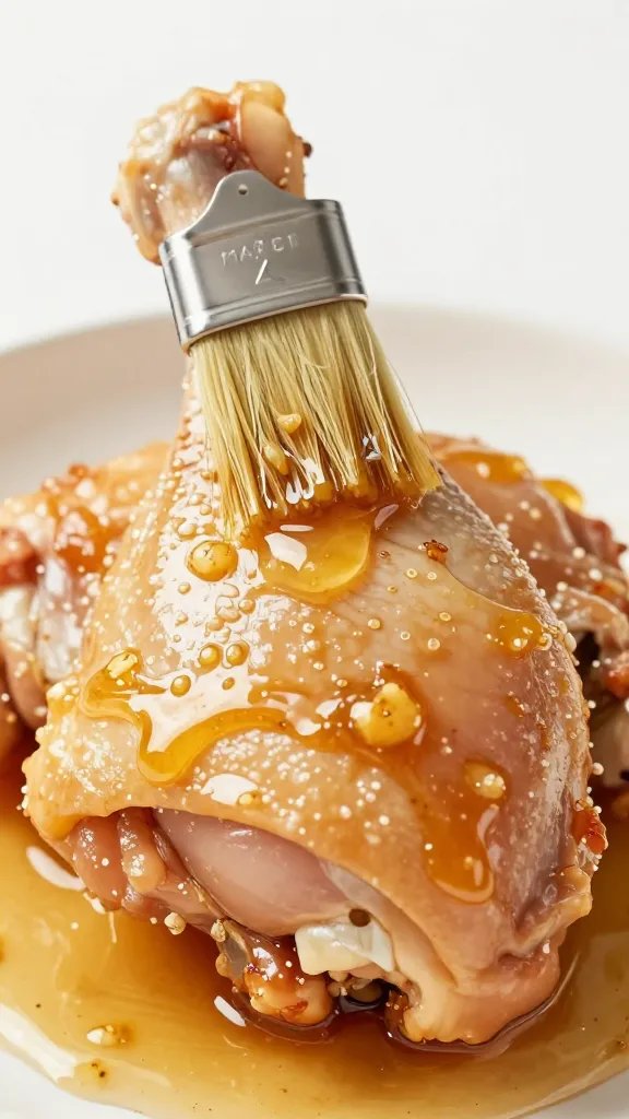 brushed honey garlic glaze on one chicken thigh, closeup
