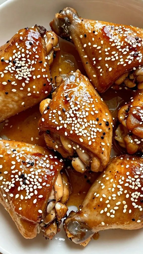 sesame-topped honey garlic chicken thigh, overhead closeup