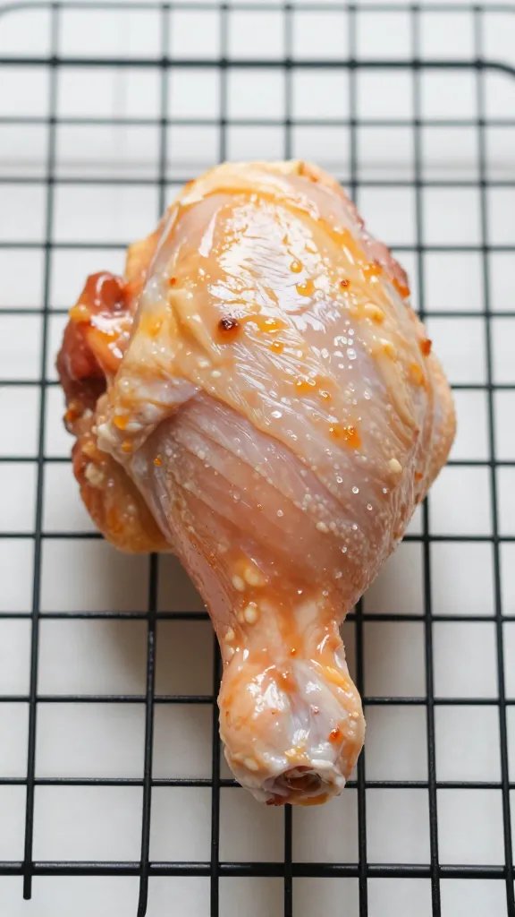 single chicken thigh on cooling rack, glossy glaze shine