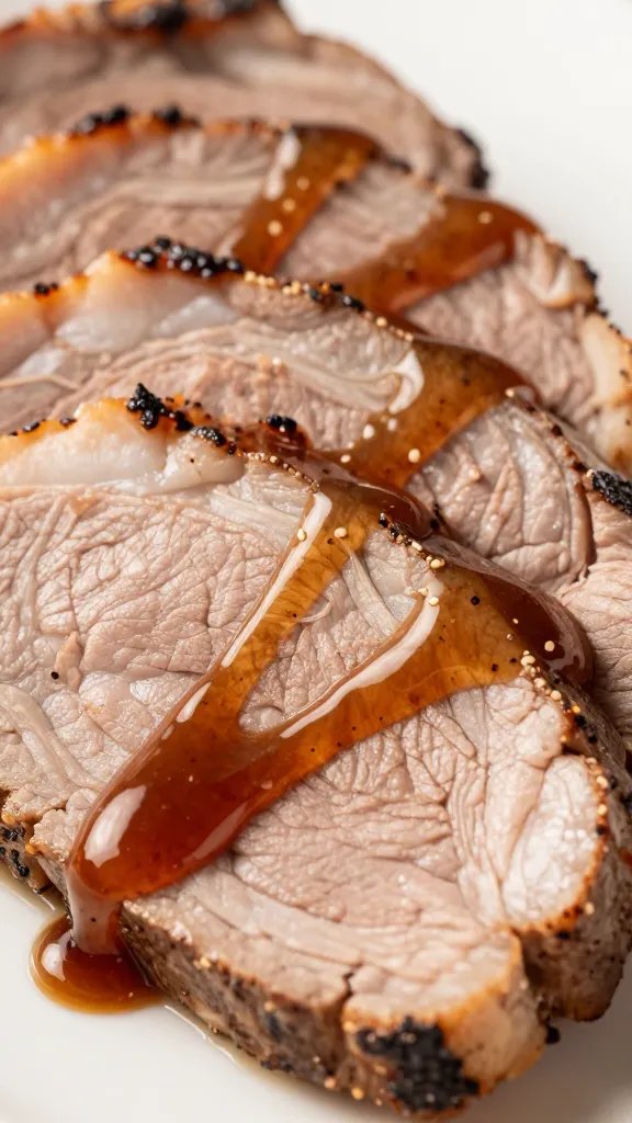 closeup of sliced pork tenderloin with maple dijon glaze