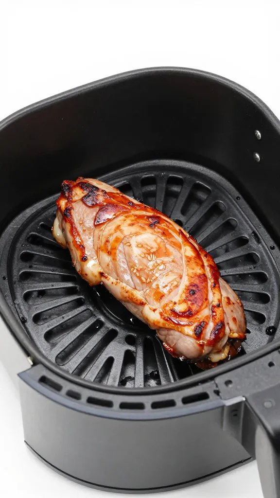 air fryer basket holding one cooked pork tenderloin