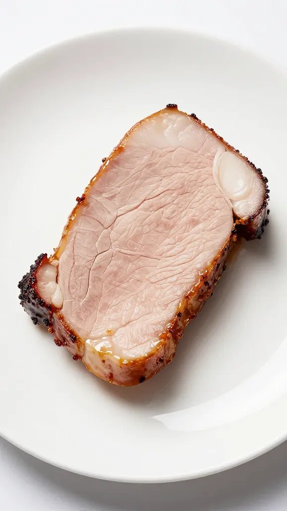 single white plate with glazed pork tenderloin slice
