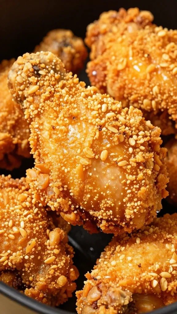 whole air-fried chicken with golden crispy skin, closeup
