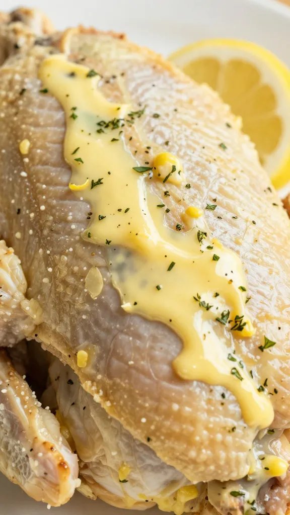 lemon-herb butter rubbed under chicken skin, macro shot