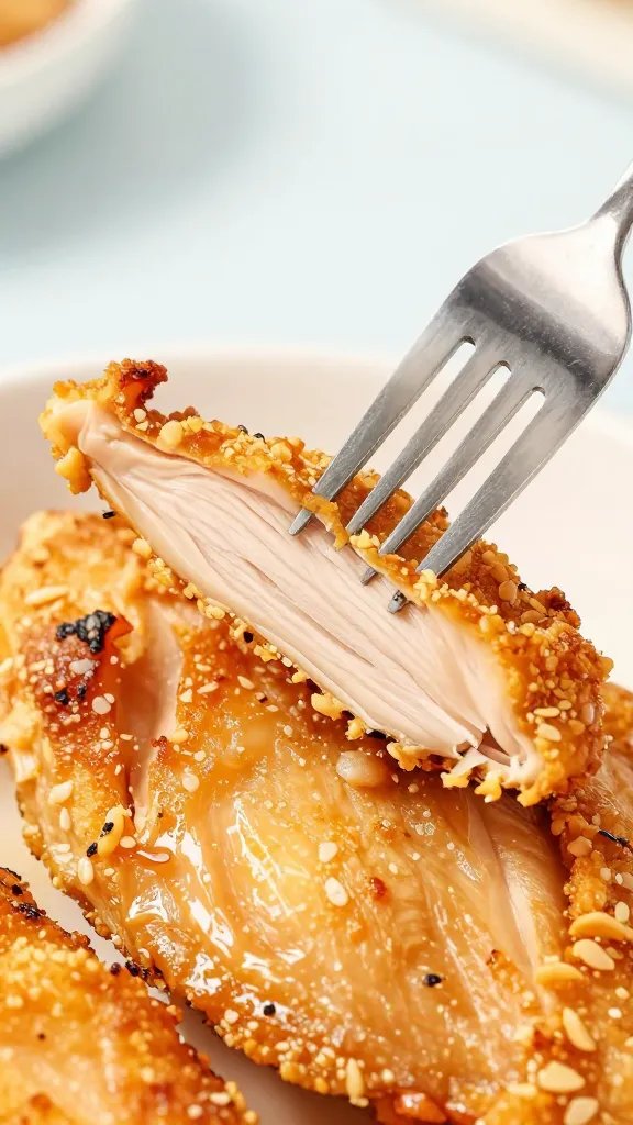 carving fork slicing crispy chicken breast, tight closeup