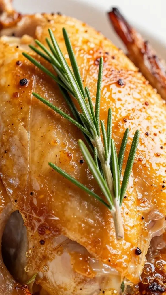 sprig of fresh rosemary on roasted chicken skin, macro