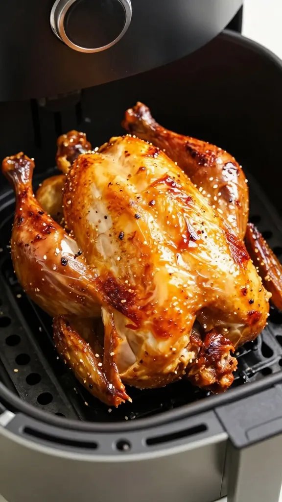 air fryer basket holding a whole roasted chicken, closeup