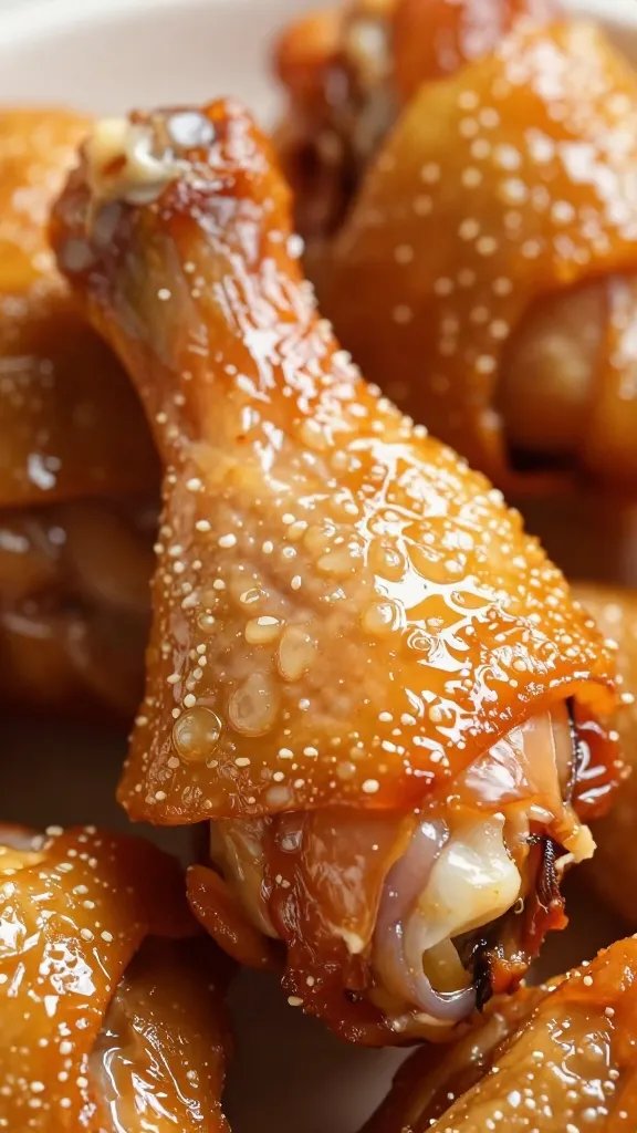 glossy chicken drumstick with rendered skin, macro detail