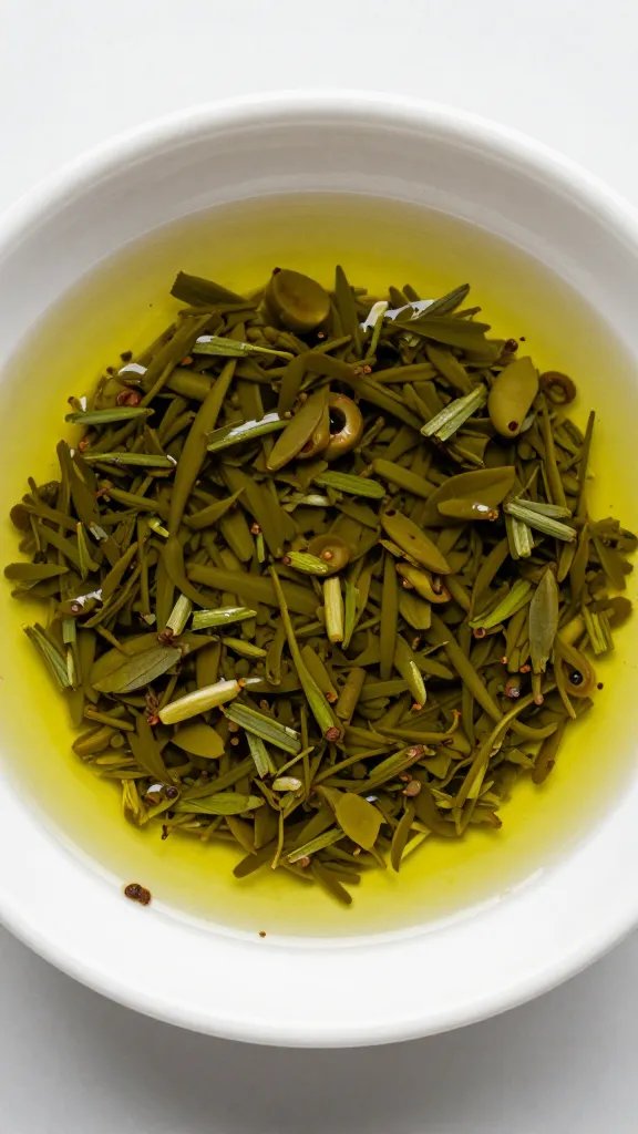 small bowl of herbed olive oil marinade, top-down closeup