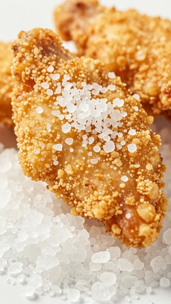 coarse sea salt crystals on golden chicken skin, macro