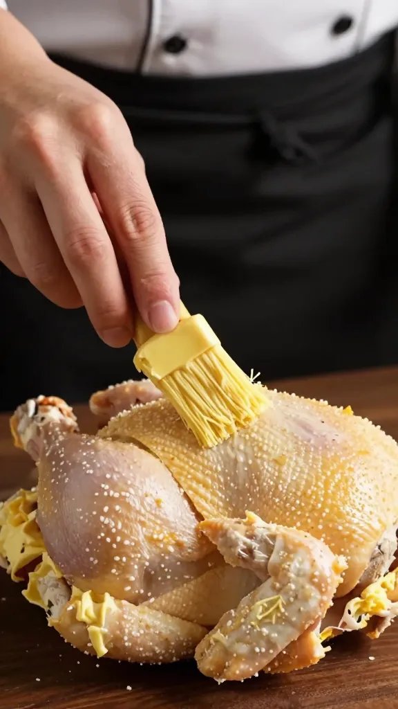 chef’s hand brushing butter on chicken skin, tight closeup