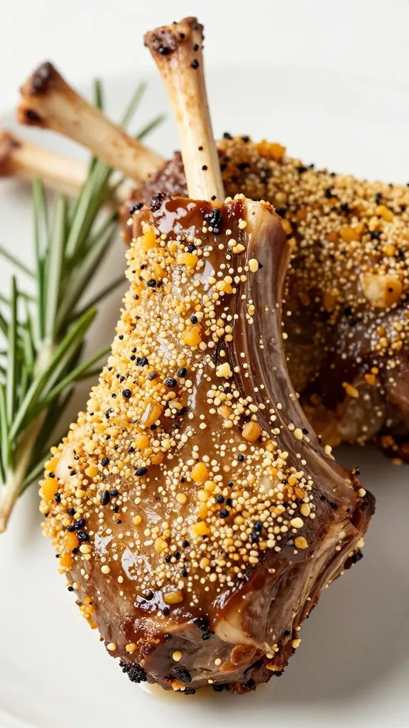 Closeup rosemary-Dijon crusted lamb mini leg roast