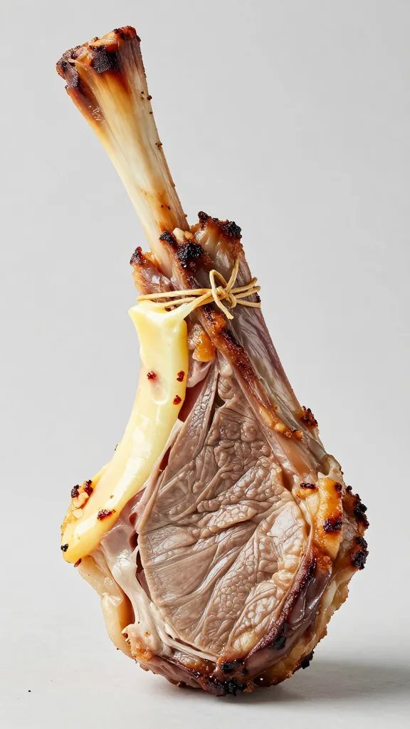 Butterflied leg of lamb tied, seared edges, macro shot