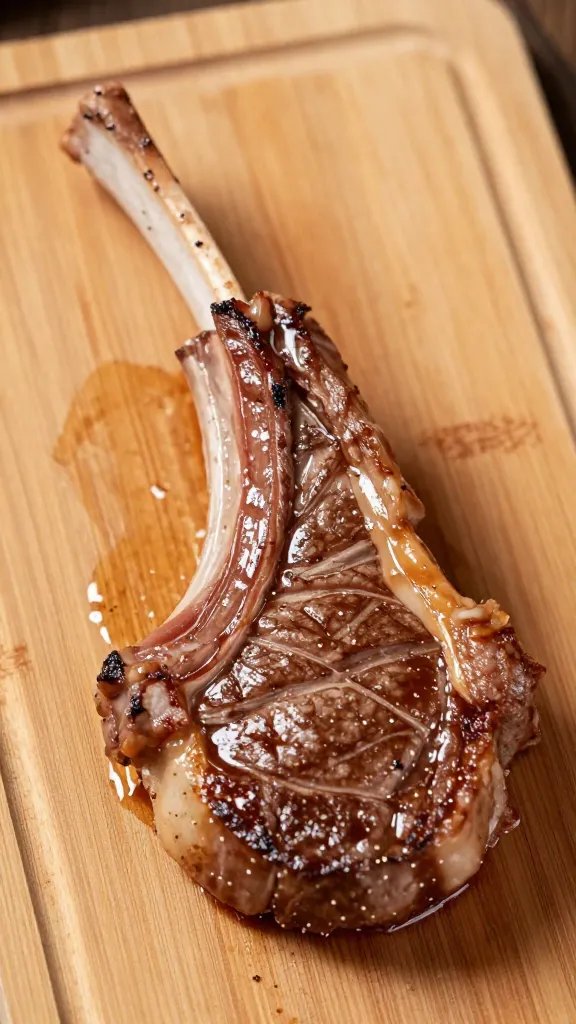 Single lamb steak resting on wooden board, juices visible