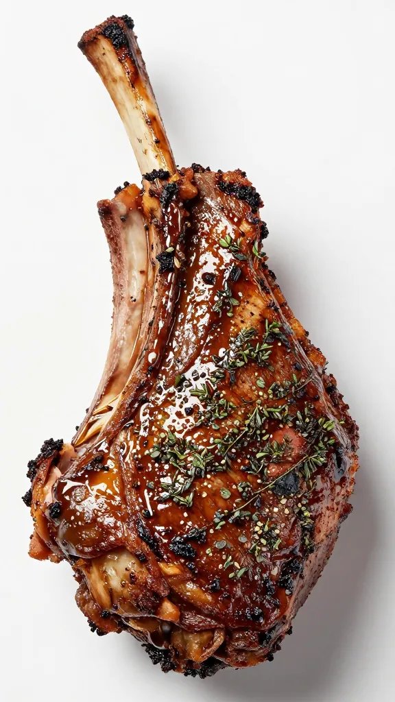 Dijon-brushed lamb roast surface, glistening herbs detail
