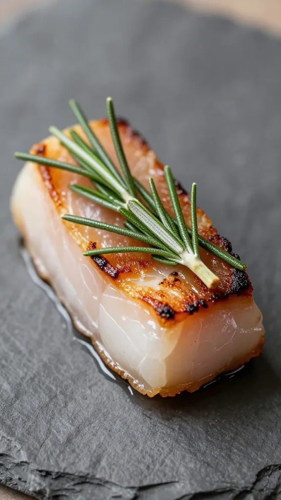 Rosemary sprig pressed into seared lamb fat cap