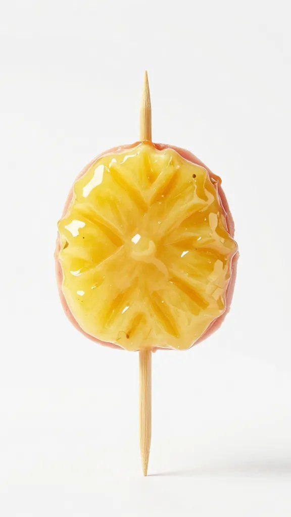 single glazed ham bite on toothpick, glossy pineapple glaze