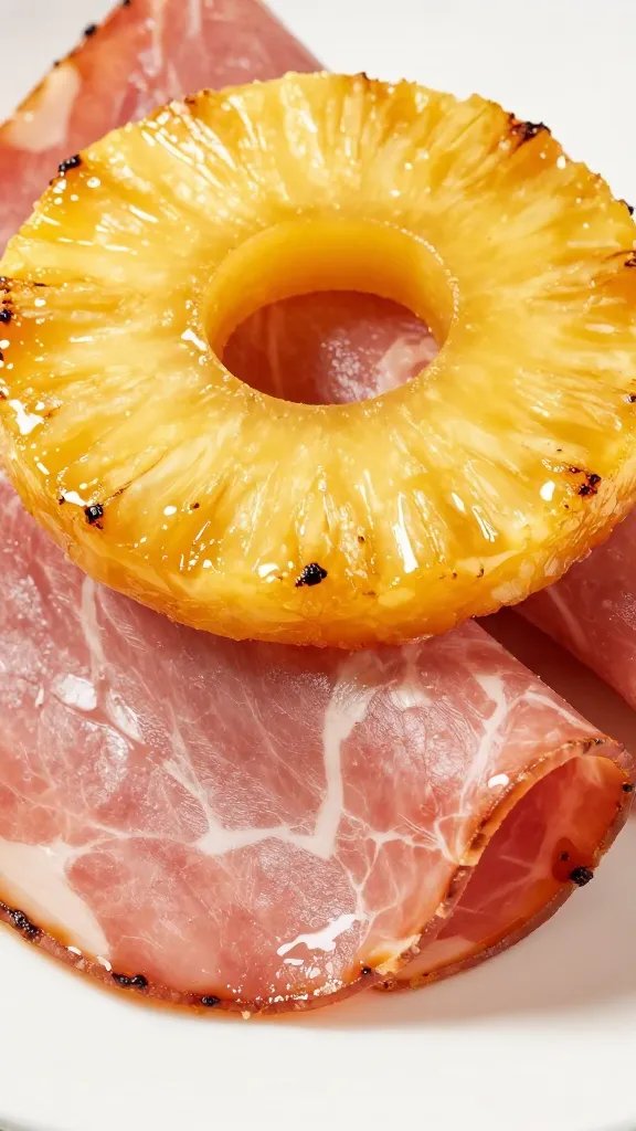closeup ham bite with caramelized pineapple ring garnish