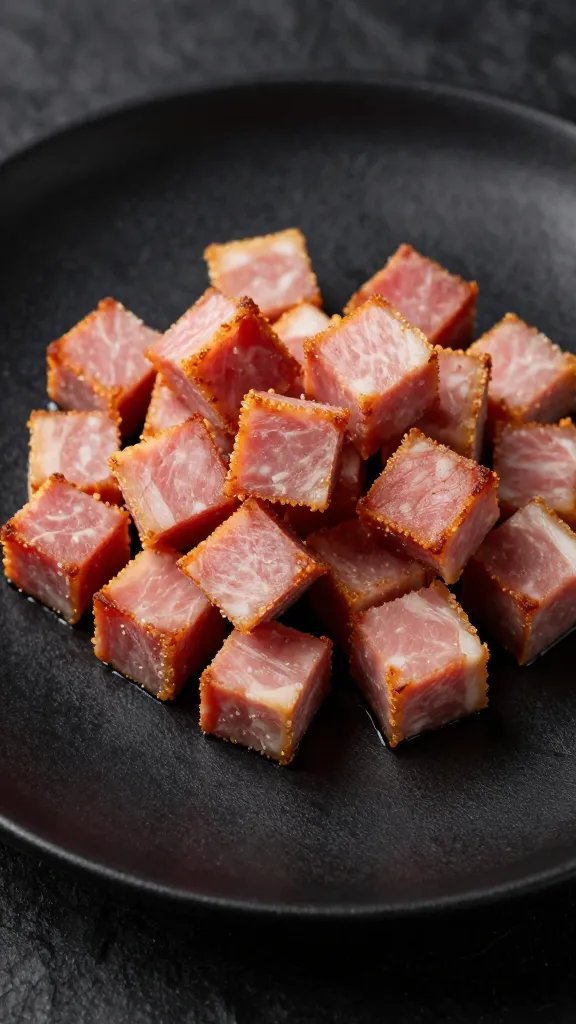 crispy-edged ham cube on matte black plate