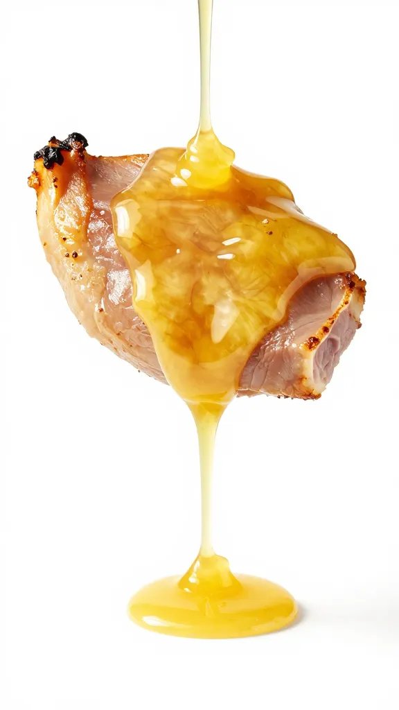 ham bite dripping pineapple glaze, white background
