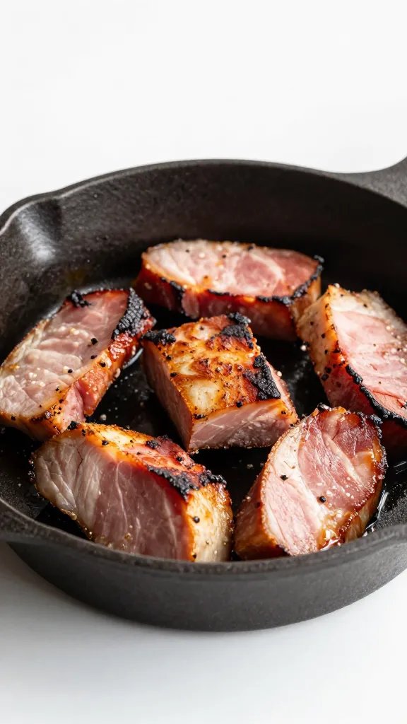 seared ham bite in small cast-iron skillet