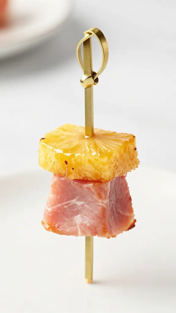 pineapple-glazed ham bite on gold cocktail skewer