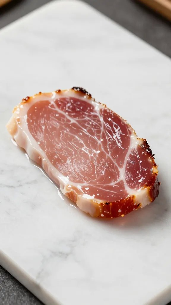 single ham bite on marble slab, sticky glaze sheen