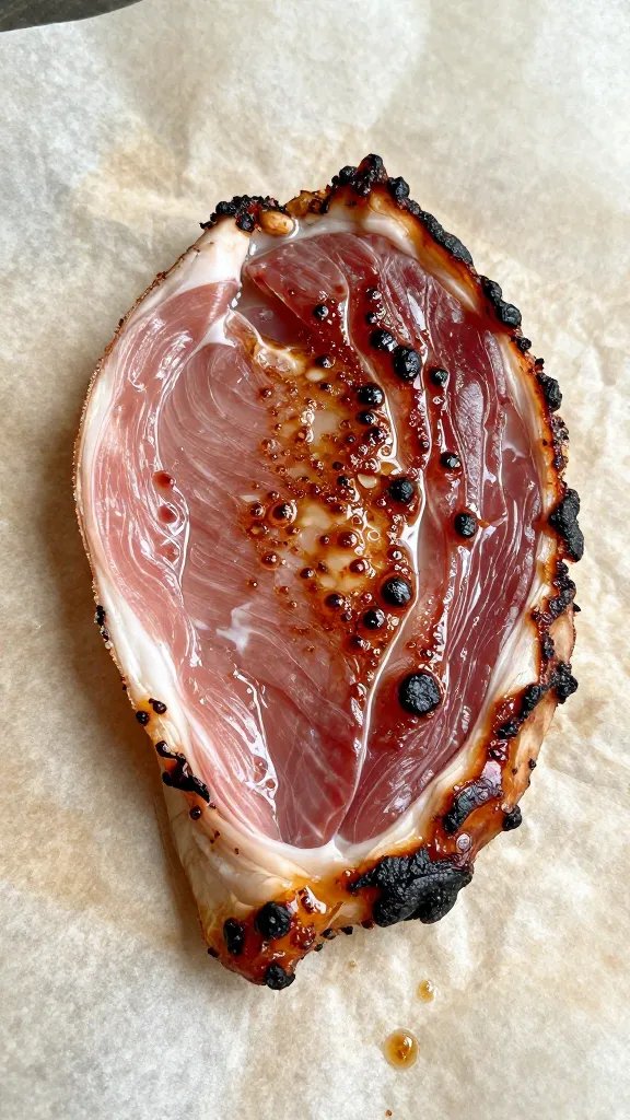 ham bite resting on parchment, charred glaze bubbles